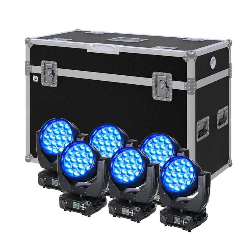 View of six EUROLITE LED TMH-X4 lighting fixtures with the custom ALP Flight Case in the background