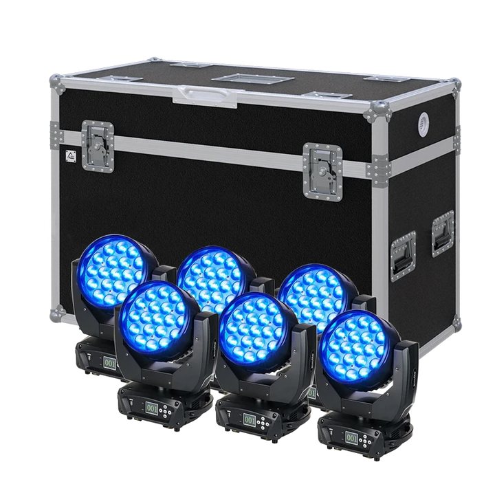 View of six EUROLITE LED TMH-X4 lighting fixtures with the custom ALP Flight Case in the background