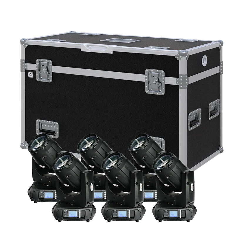 View of six FOS Scorpio Beam moving head fixtures with the custom ALP Flight Case in the background
