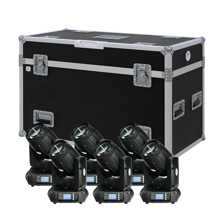 View of six FOS Scorpio Beam moving head fixtures with the custom ALP Flight Case in the background