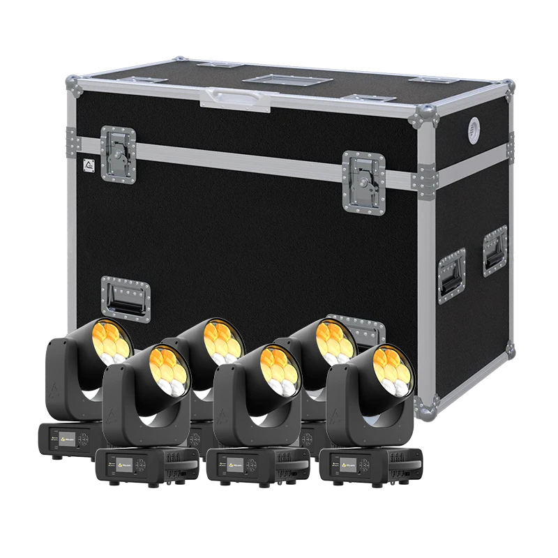 View of six Prolights Astra Wash7Pix lighting fixtures with the custom ALP Flight Case in the background