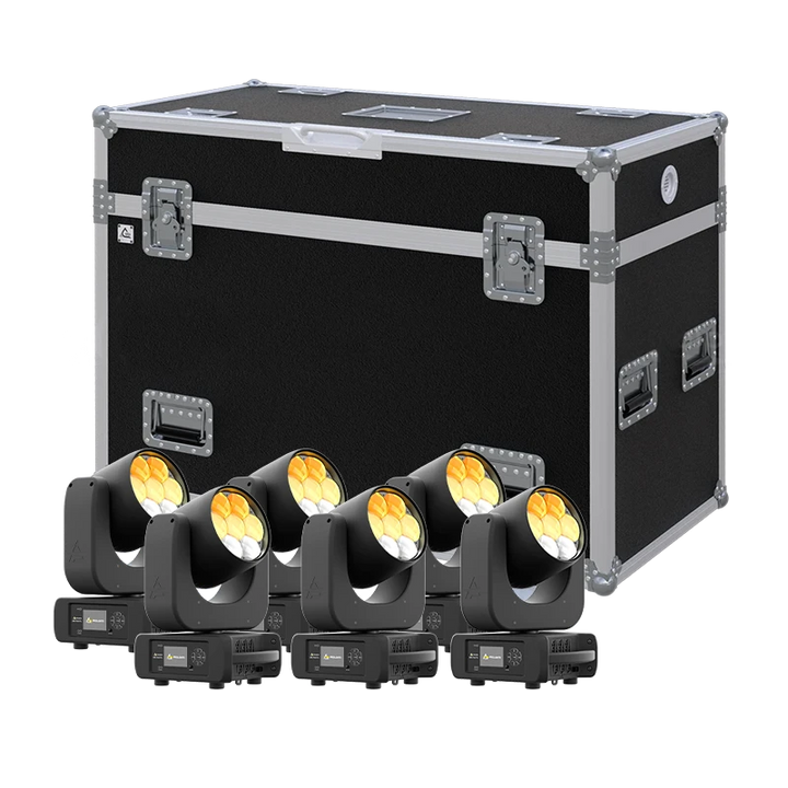 View of six Prolights Astra Wash7Pix lighting fixtures with the custom ALP Flight Case in the background