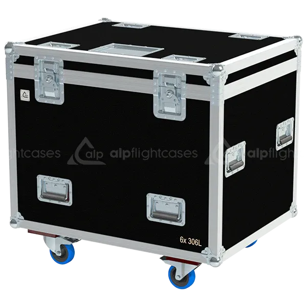 Front right view of the ALP Flight Case for 6x Robert Juliat 306L featuring reinforced touring hardware, butterfly catches and durable construction
