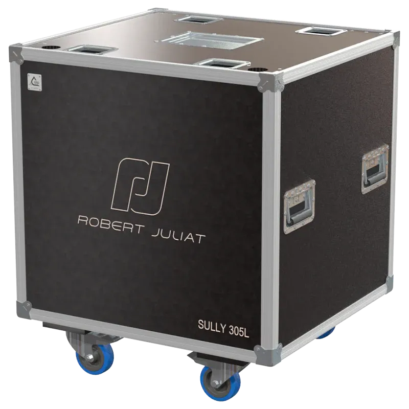Front right view of the ALP Flight Case for 6x Robert Juliat SULY 305L featuring reinforced touring hardware, butterfly catches and durable construction
