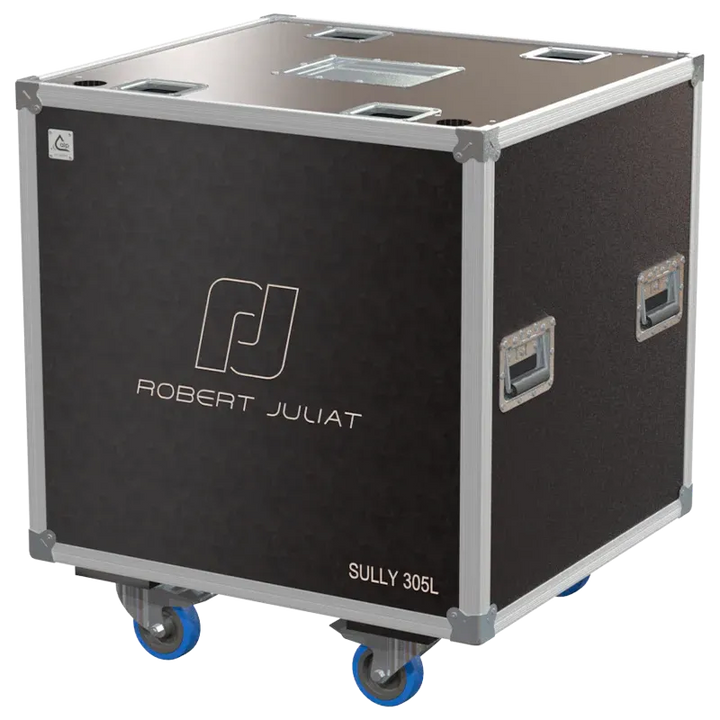 Front right view of the ALP Flight Case for 6x Robert Juliat SULY 305L featuring reinforced touring hardware, butterfly catches and durable construction
