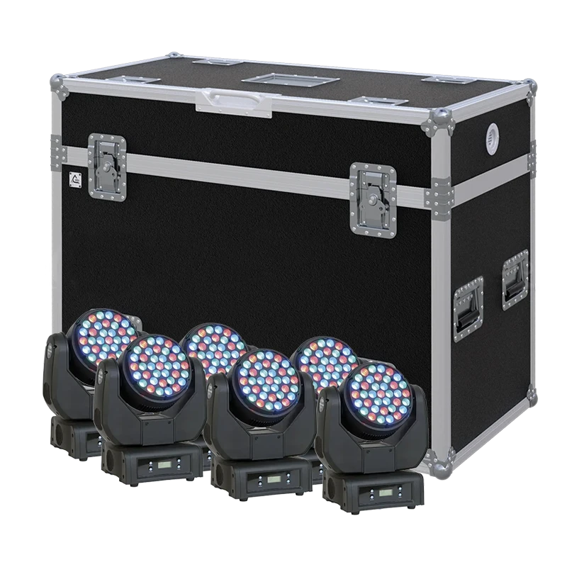 View of six Showtec Expression 5000 lighting fixtures with the custom ALP Flight Case in the background