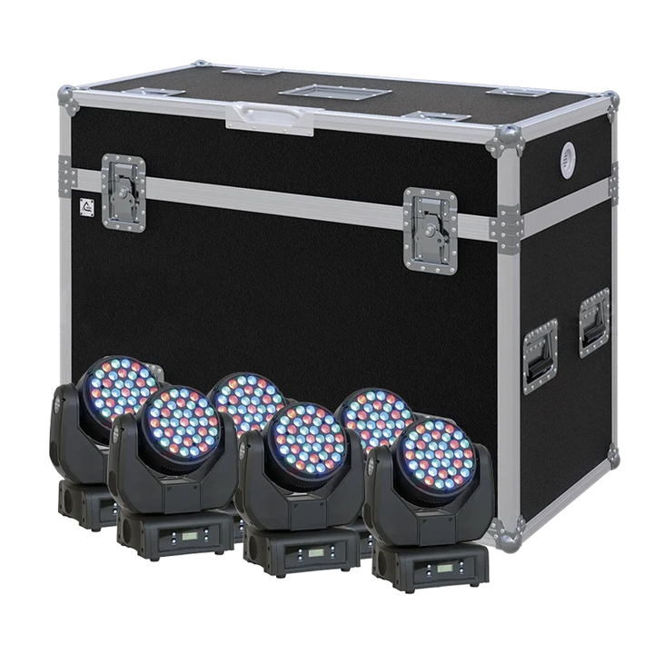 View of six Showtec Expression 5000 lighting fixtures with the custom ALP Flight Case in the background