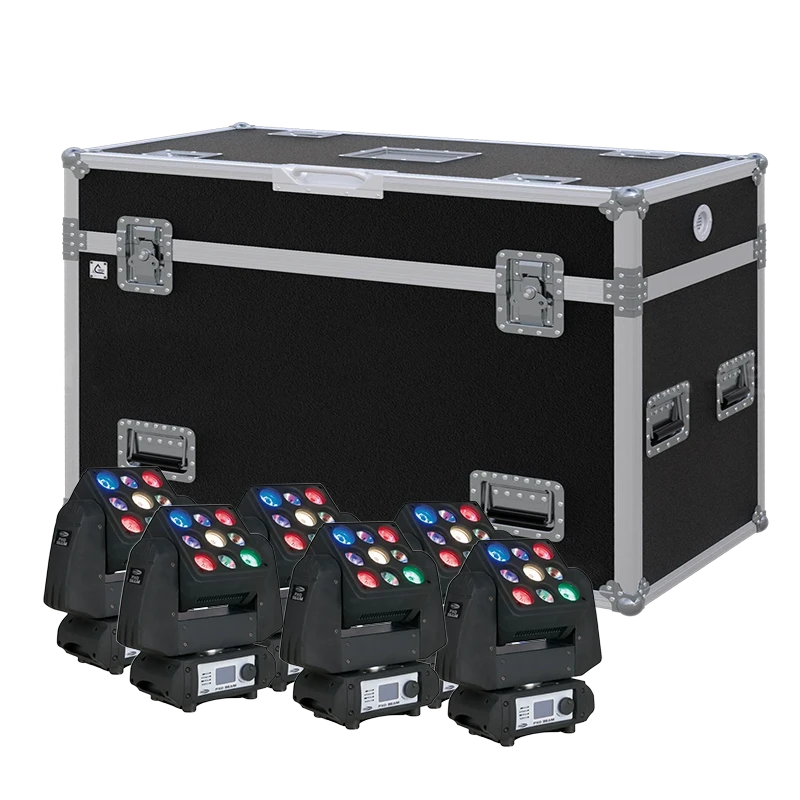 View of six Showtec PXO BEAM RGBW moving head fixtures with the custom ALP Flight Case in the background