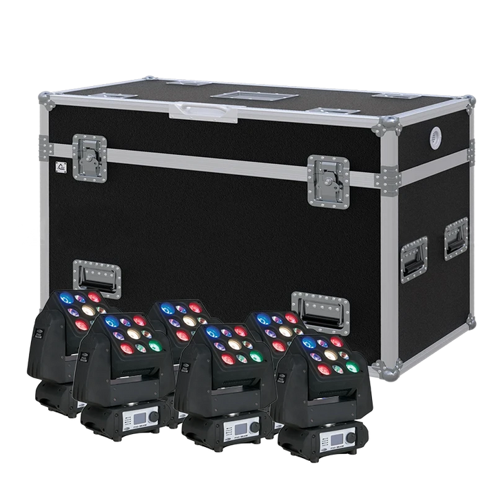View of six Showtec PXO BEAM RGBW moving head fixtures with the custom ALP Flight Case in the background