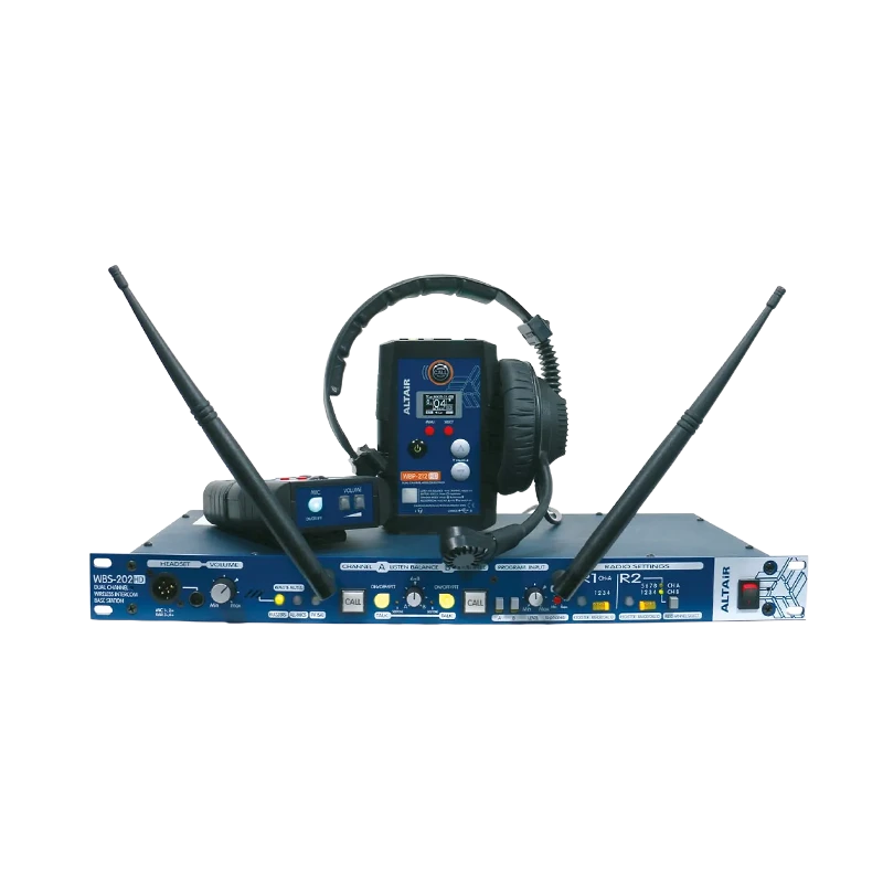 Standalone view of eight intercom station sets with beltpacks and headsets