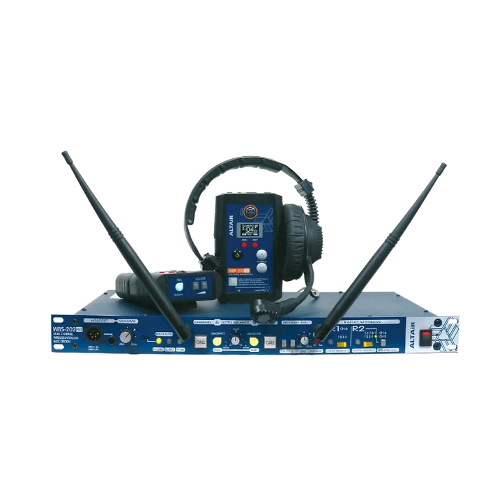 Standalone view of eight intercom station sets with beltpacks and headsets
