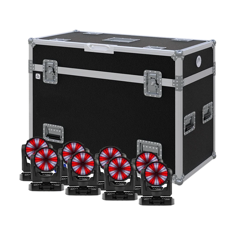 View of eight Martin MAC One moving head fixtures with the custom ALP Flight Case in the background