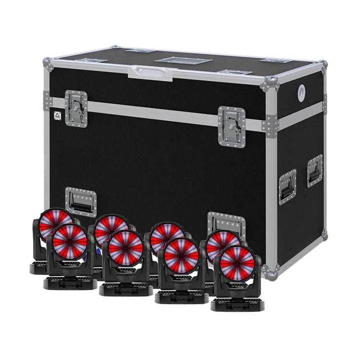 View of eight Martin MAC One moving head fixtures with the custom ALP Flight Case in the background