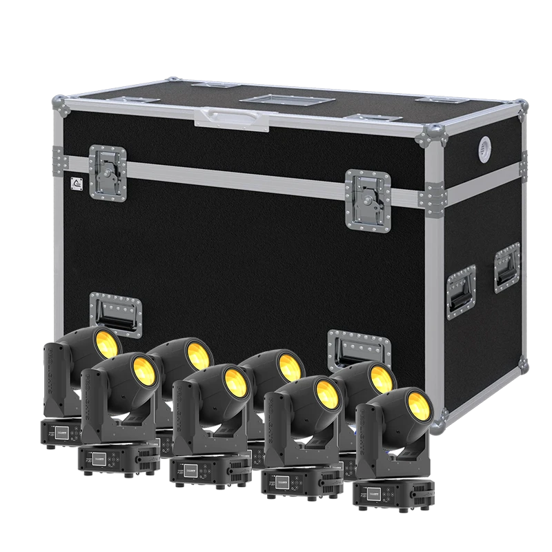 View of eight ProLights Ruby lighting fixtures with the custom ALP Flight Case in the background