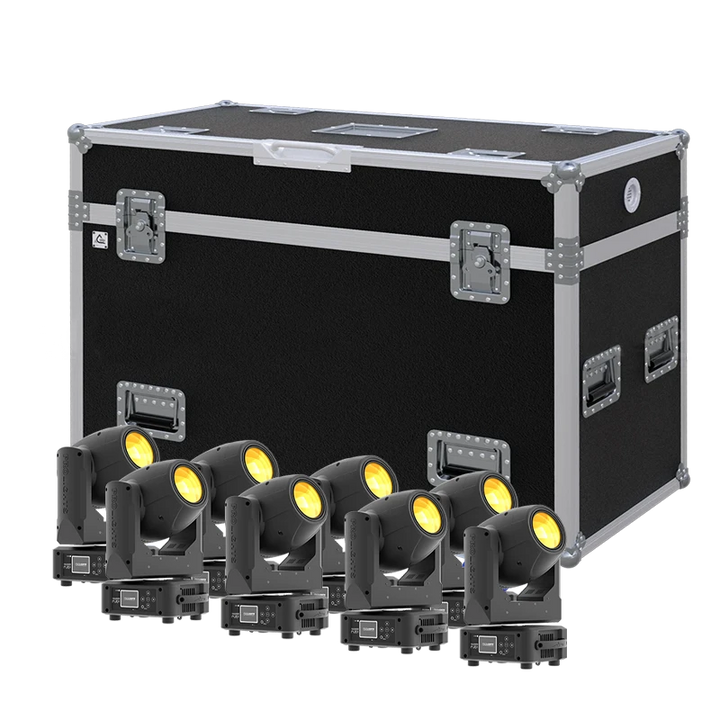 View of eight ProLights Ruby lighting fixtures with the custom ALP Flight Case in the background