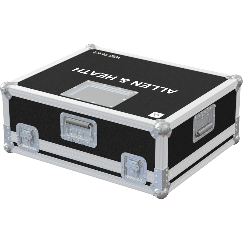 Front right view of the ALP Flight Case for Allen & Heath WZ3 14:4:2 featuring reinforced touring hardware, butterfly catches and durable construction

