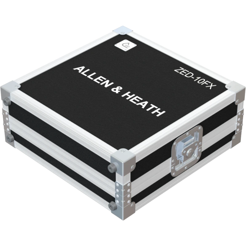 Front left view of the ALP Flight Case for Allen & Heath ZED-10FX showing recessed handles, butterfly catches and PVC finishing