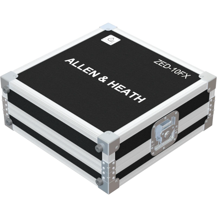 Front left view of the ALP Flight Case for Allen & Heath ZED-10FX showing recessed handles, butterfly catches and PVC finishing