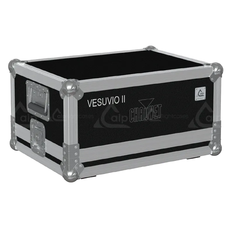 Front right view of the ALP Flight Case for Chauvet Vesuvio II featuring reinforced touring hardware, butterfly catches and durable construction
