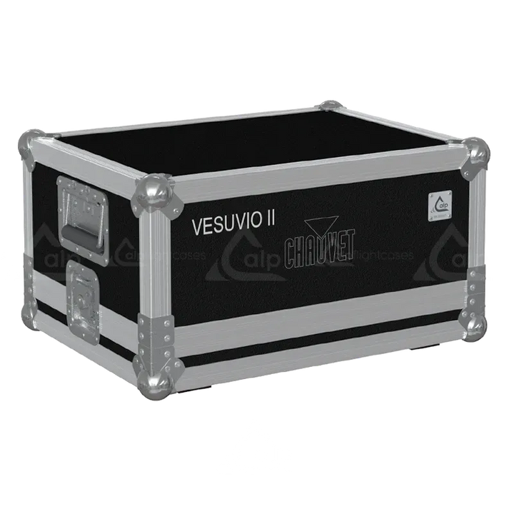 Front right view of the ALP Flight Case for Chauvet Vesuvio II featuring reinforced touring hardware, butterfly catches and durable construction
