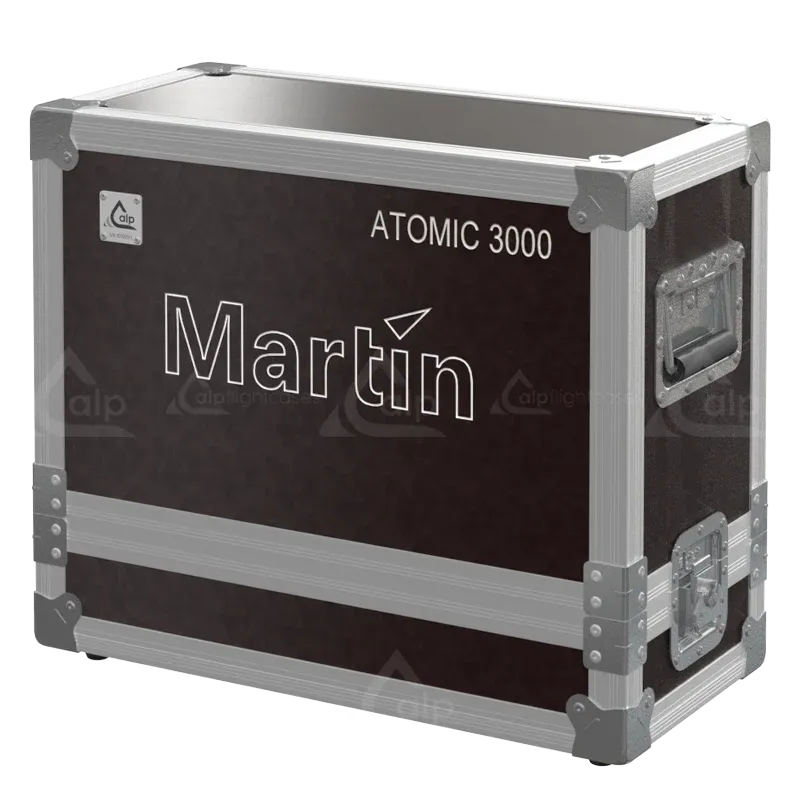 Front right view of the ALP Flight Case for Martin Atomic 3000 DMX featuring reinforced touring hardware, butterfly catches and durable construction