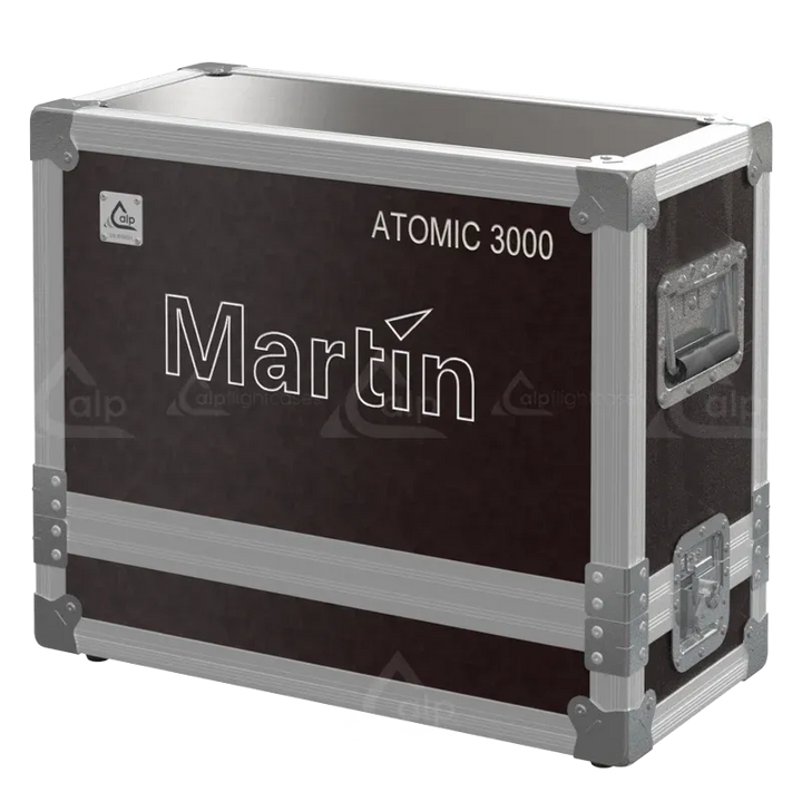 Front right view of the ALP Flight Case for Martin Atomic 3000 DMX featuring reinforced touring hardware, butterfly catches and durable construction