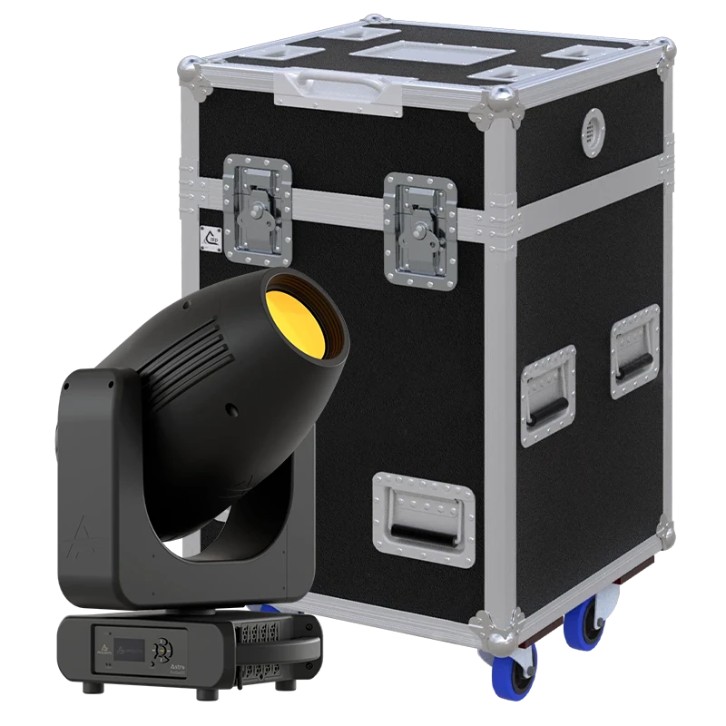View of the Prolights Astra Profile 400 moving head fixture with the custom ALP Flight Case in the background