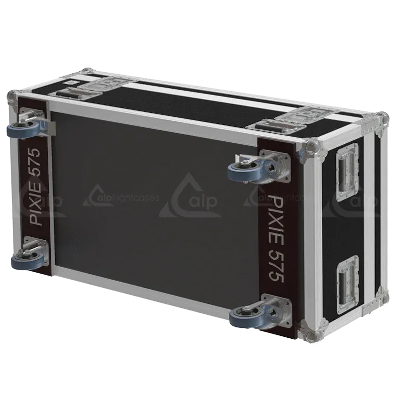 Bottom view of the ALP Flight Case for Robert Juliat HMI 575W Pixie showing 4 Ø100 wheels, including 2 with brake
