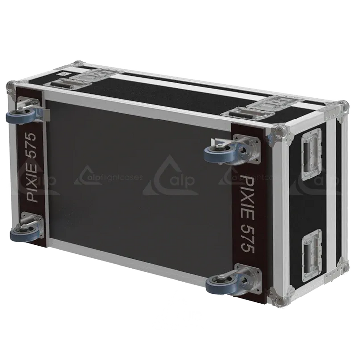 Bottom view of the ALP Flight Case for Robert Juliat HMI 575W Pixie showing 4 Ø100 wheels, including 2 with brake
