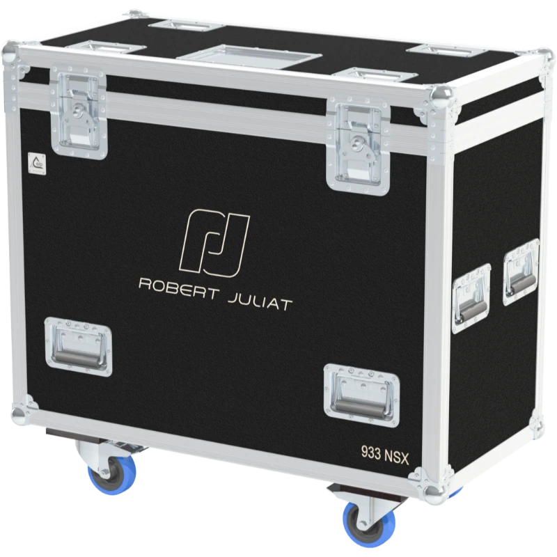 Front right view of the ALP Flight Case for Robert Juliat 933SNXE featuring reinforced touring hardware, butterfly catches and durable construction