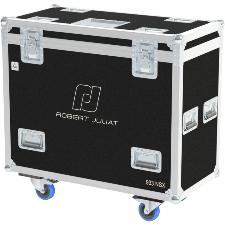 Front right view of the ALP Flight Case for Robert Juliat 933SNXE featuring reinforced touring hardware, butterfly catches and durable construction