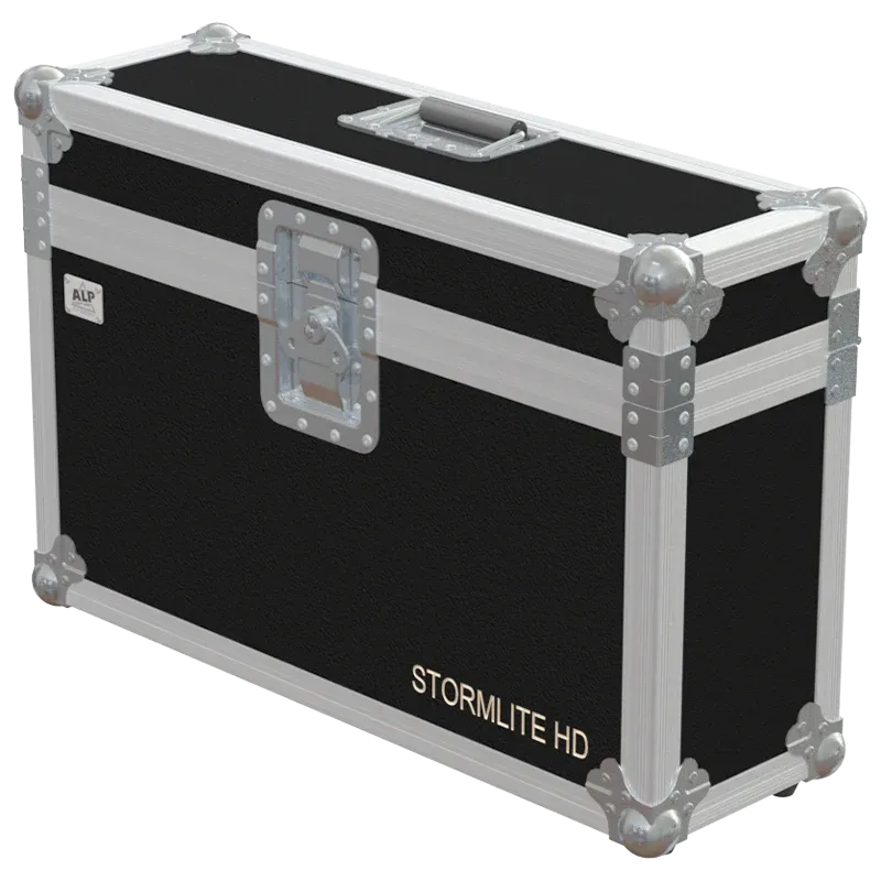 Front right view of the ALP Flight Case for Starway Stormlite HD featuring reinforced touring hardware, butterfly catches and durable construction