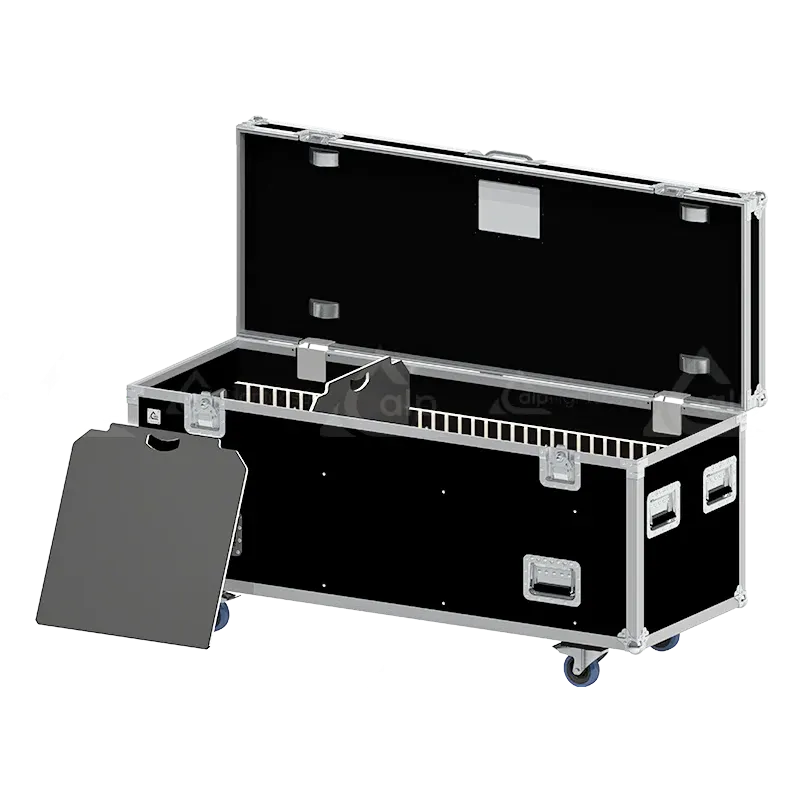 Empty interior of the 1500x600x600mm flight case trunk highlighting the massive capacity and central dividing wall