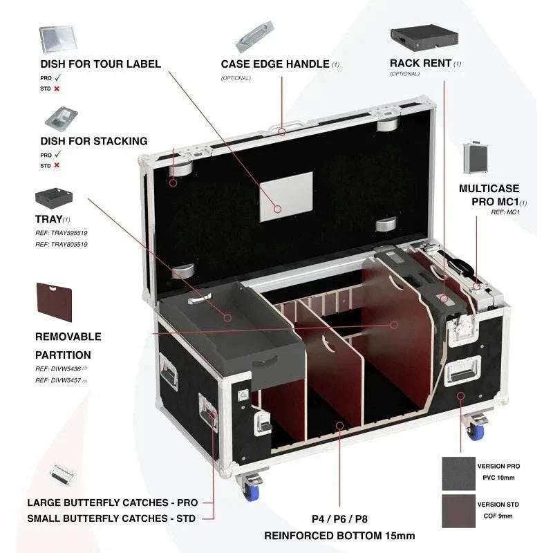Detailed visual and technical diagram of a professional ALP trunk flight case, illustrating construction features like 10mm birch plywood and Penn Elcom hardware, alongside optional accessories such as internal dividers, removable trays, and stacking castor dishes.