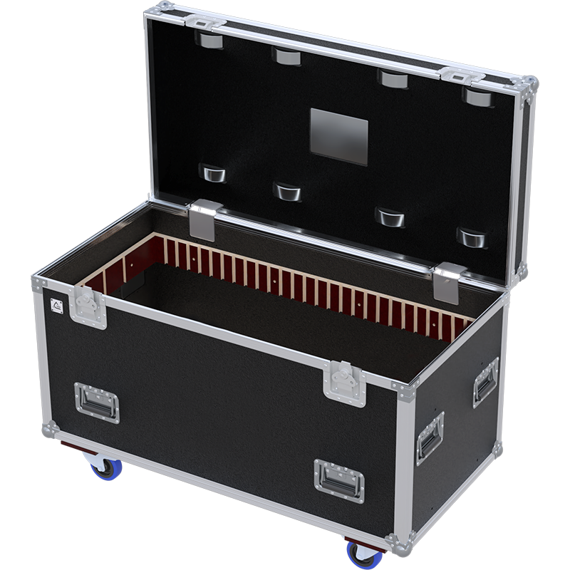 Empty interior of the AZ8 flight case trunk highlighting its massive storage capacity and rugged finish