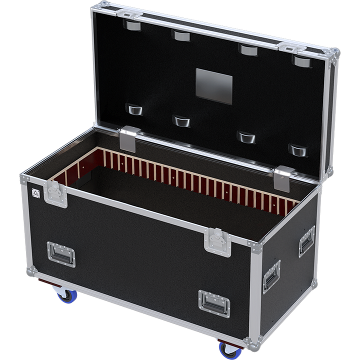 Empty interior of the AZ8 flight case trunk highlighting its massive storage capacity and rugged finish
