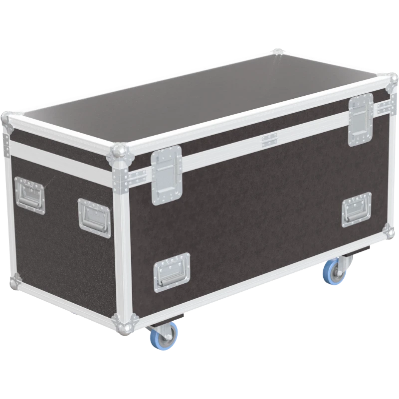 Rear view of the 1300mm touring trunk showing heavy-duty 10mm birch plywood construction and industrial hinges