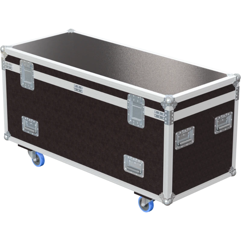 Rear view of the 1400mm touring trunk showing heavy-duty 10mm birch plywood construction and industrial hinges