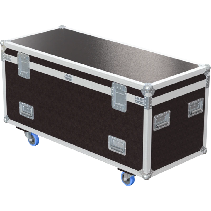 Rear view of the 1400mm touring trunk showing heavy-duty 10mm birch plywood construction and industrial hinges