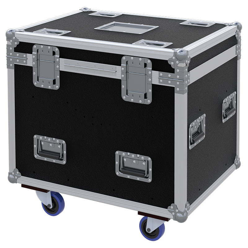 Rear view of the AZ6 series touring trunk showing 9mm birch plywood construction and heavy-duty hinges