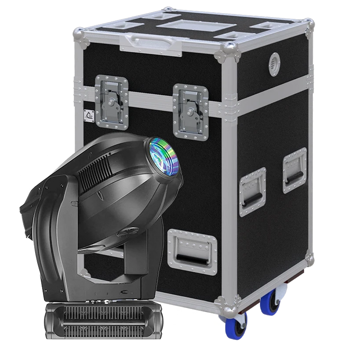 View of the Vari-Lite VL4000 Spot moving head fixture with the custom ALP Flight Case in the background