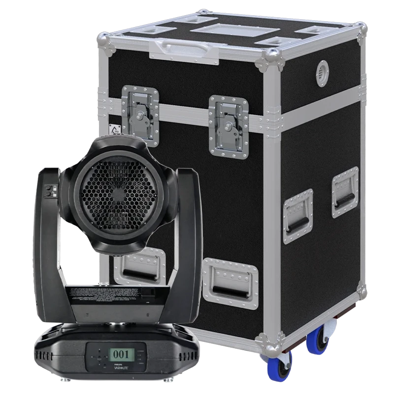 View of the Vari-Lite VLX Wash moving head fixture with the custom ALP Flight Case in the background