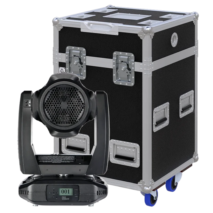 View of the Vari-Lite VLX Wash moving head fixture with the custom ALP Flight Case in the background
