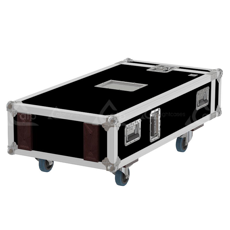 Rear view of the road case for 10 microphone stands showing 9mm birch plywood construction and castor wheels