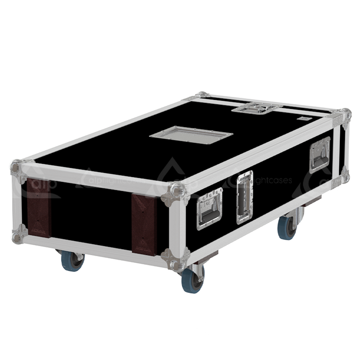 Rear view of the road case for 10 microphone stands showing 9mm birch plywood construction and castor wheels