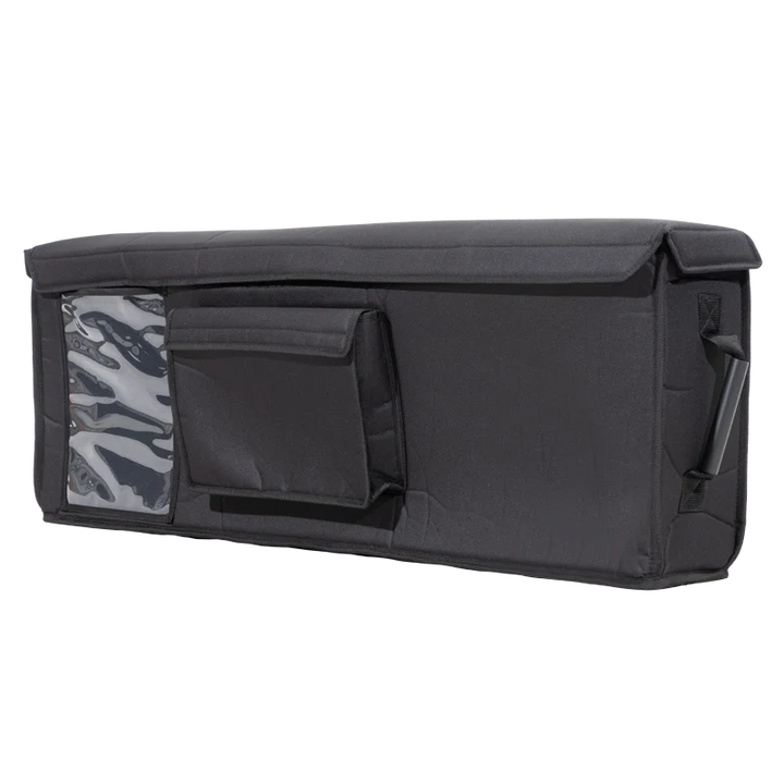 Front left view of the ALP Bag for Giant Roll Up Wooden Games showing Velcro 50mm closure, tube handles and exterior pocket