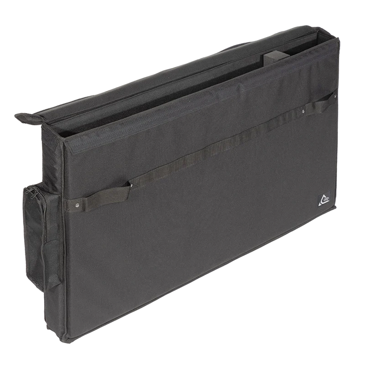 View of the open protective bag without equipment, highlighting the velvet interior and the removable partition for dual screen separation