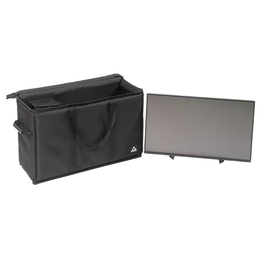 View of the open protective bag without the monitor, highlighting the structure and padding
