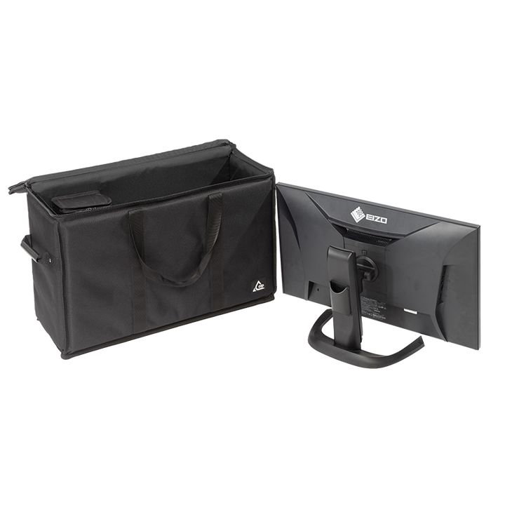 View of the open protective bag with an Eizo 27" LCD screen safely nested inside