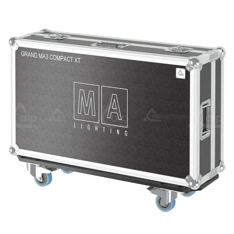 Front right view of the ALP Flight Case for MA Lighting grandMA3 Compact XT Serie II with wheels and PVC finishing